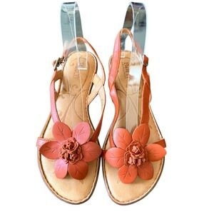 Born Womens Orange Leather Flower T-Strap Slingback Sandals W82158 Size 8 39